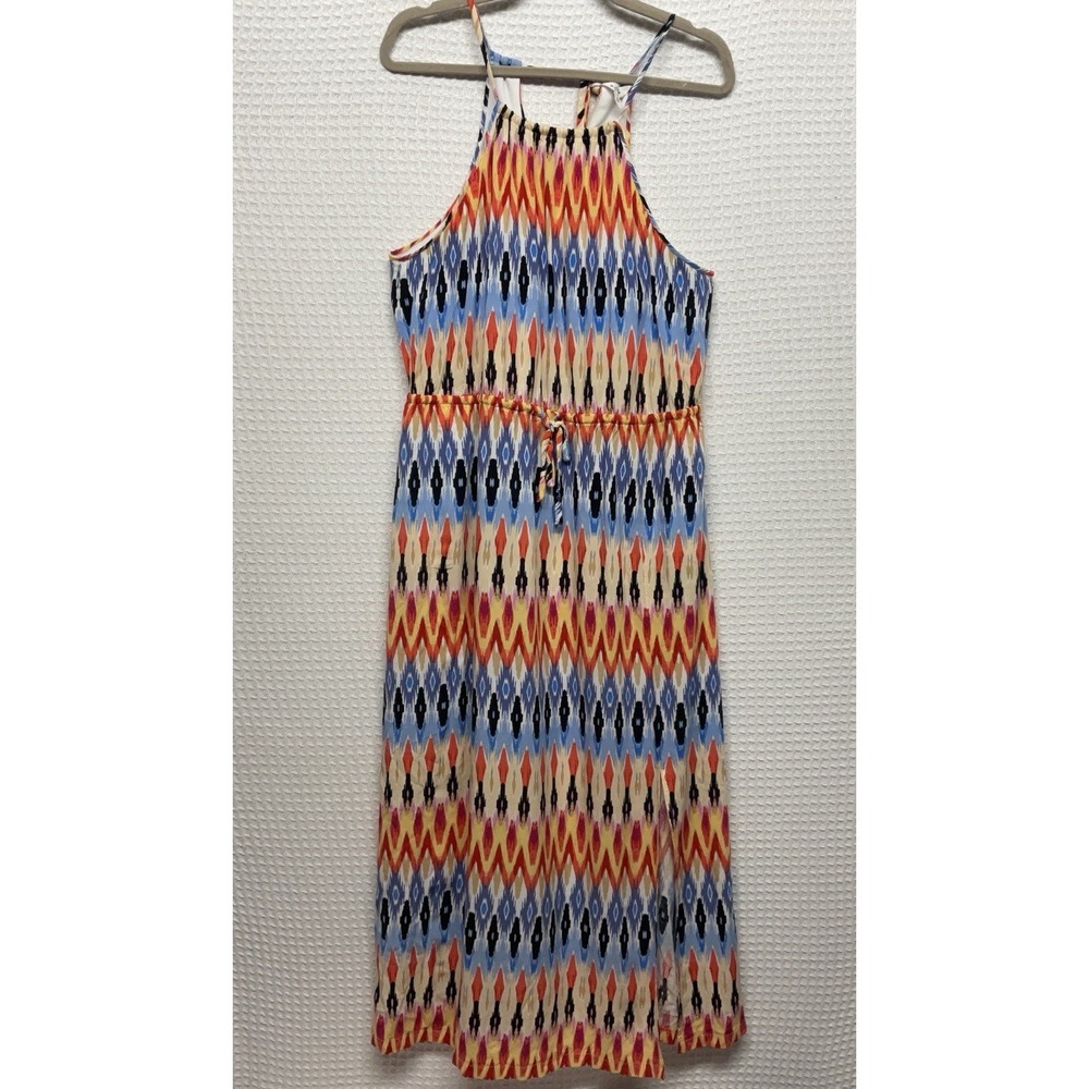 Athleta Sunset Maxi Dress L Built in Bra Tribal Halter Vacation Summer Sundress